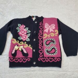 Vintage Jetset Black Pink Floral Heart Bows Ballet Preppy Knit Cardigan Large 6x